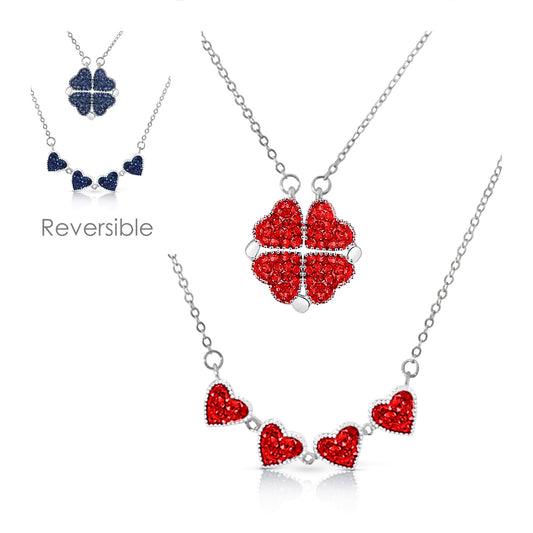 TALITHA Red/Blue Heart Four-Leaf Clover Necklace in Rhodium Over Sterling Silver