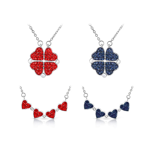 TALITHA Red/Blue Heart Four-Leaf Clover Necklace in Rhodium Over Sterling Silver