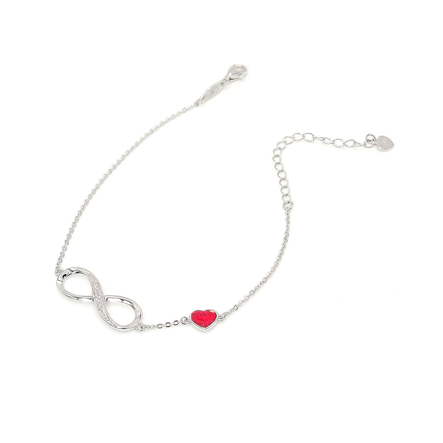TIFFANY Figure Eight Austrian Red Crystal Heart Bracelet in Rhodium Over Sterling Silver
