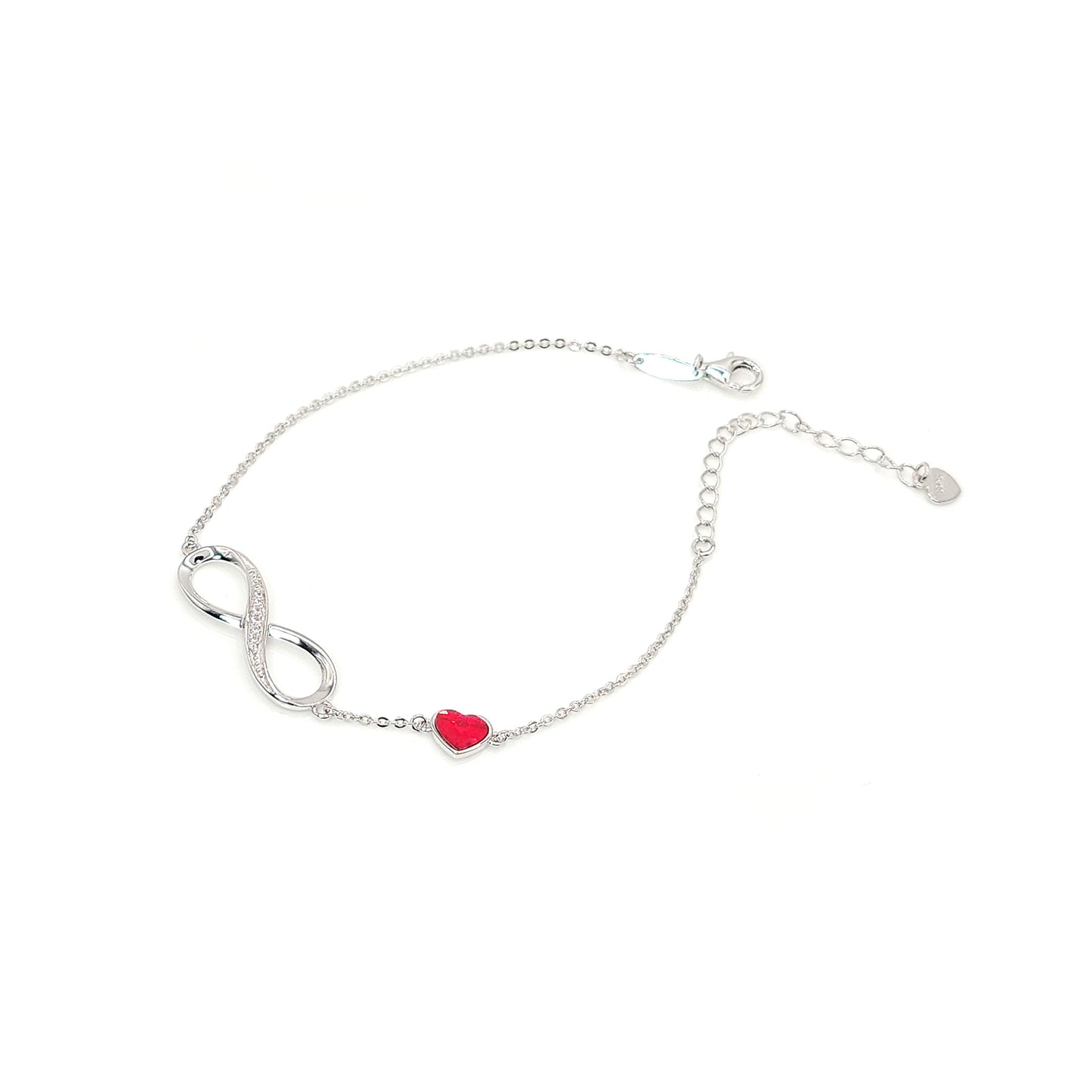 TIFFANY Figure Eight Austrian Red Crystal Heart Bracelet in Rhodium Over Sterling Silver
