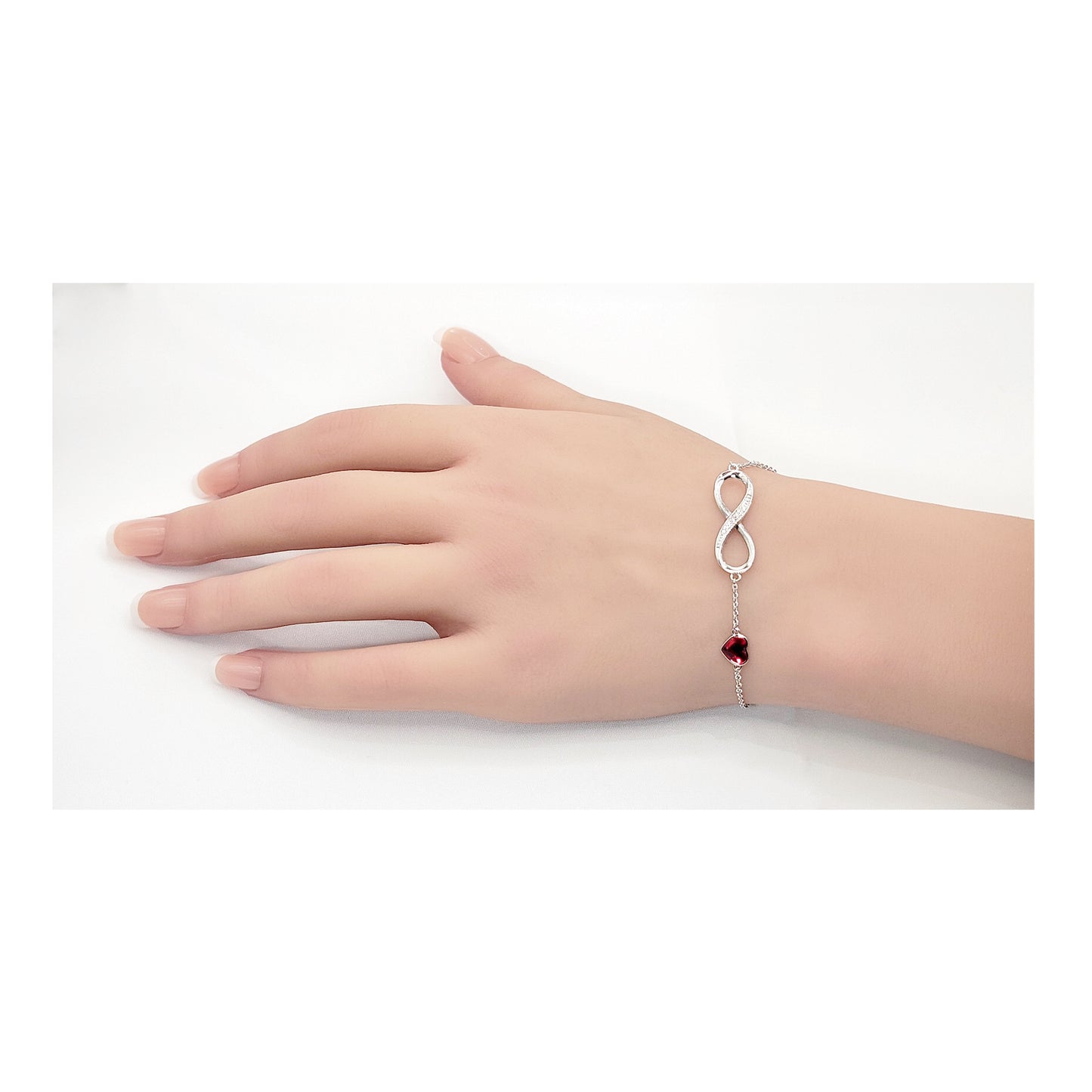 TIFFANY Figure Eight Austrian Red Crystal Heart Bracelet in Rhodium Over Sterling Silver