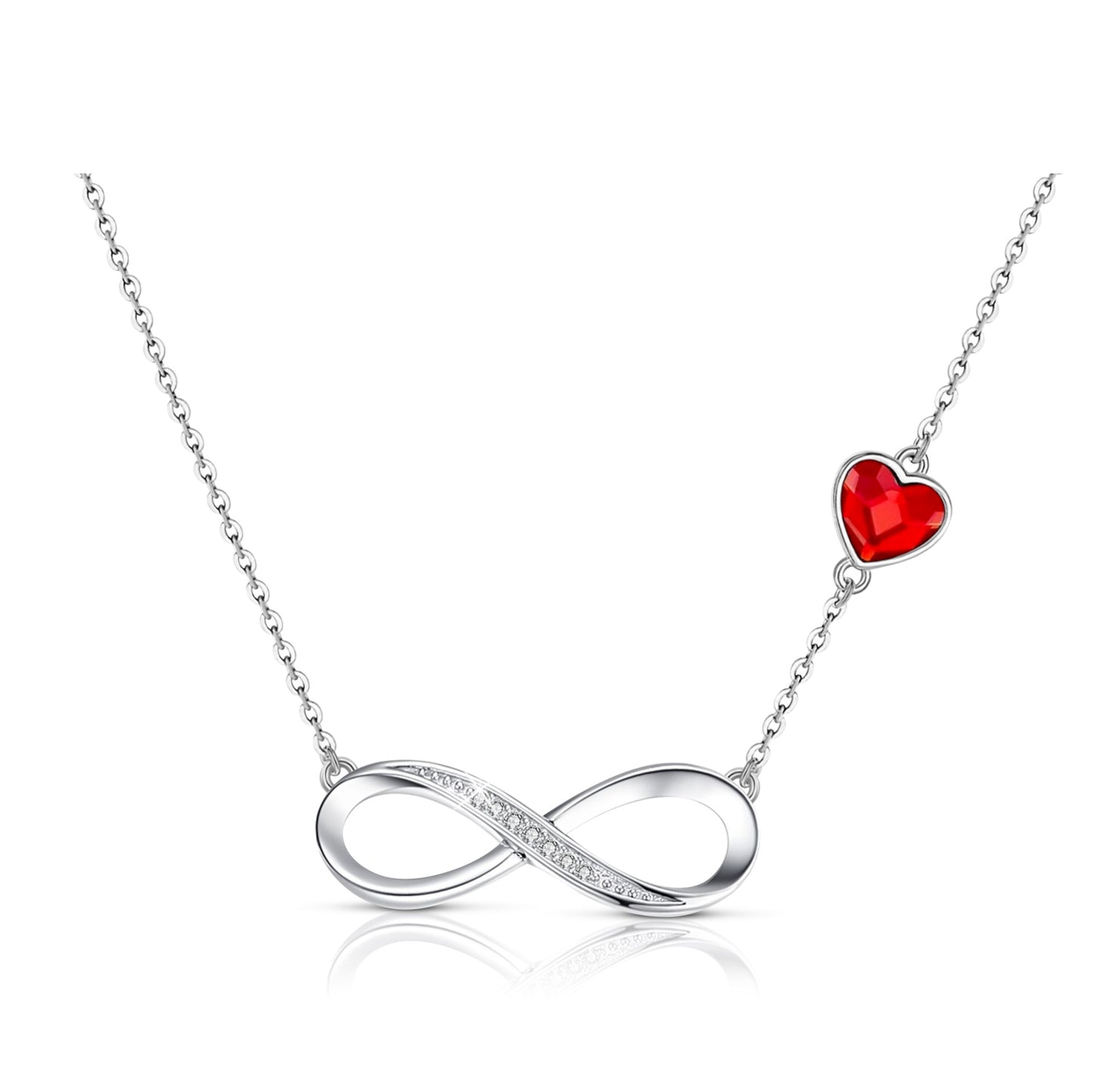 TIFFANY Figure Eight Austrian Red Crystal Heart Necklace in Rhodium Over Sterling Silver