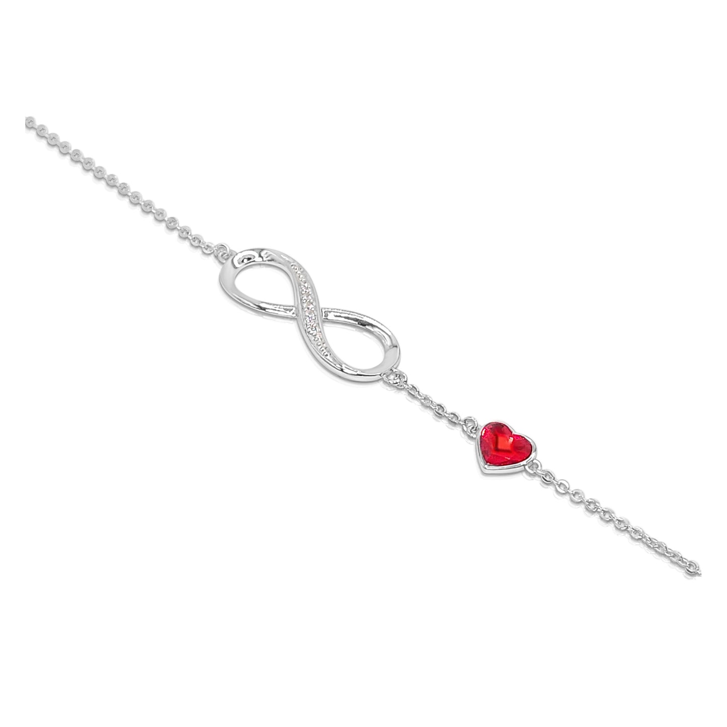 TIFFANY Figure Eight Austrian Red Crystal Heart Bracelet in Rhodium Over Sterling Silver