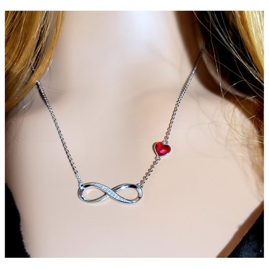 TIFFANY Figure Eight Austrian Red Crystal Heart Necklace in Rhodium Over Sterling Silver