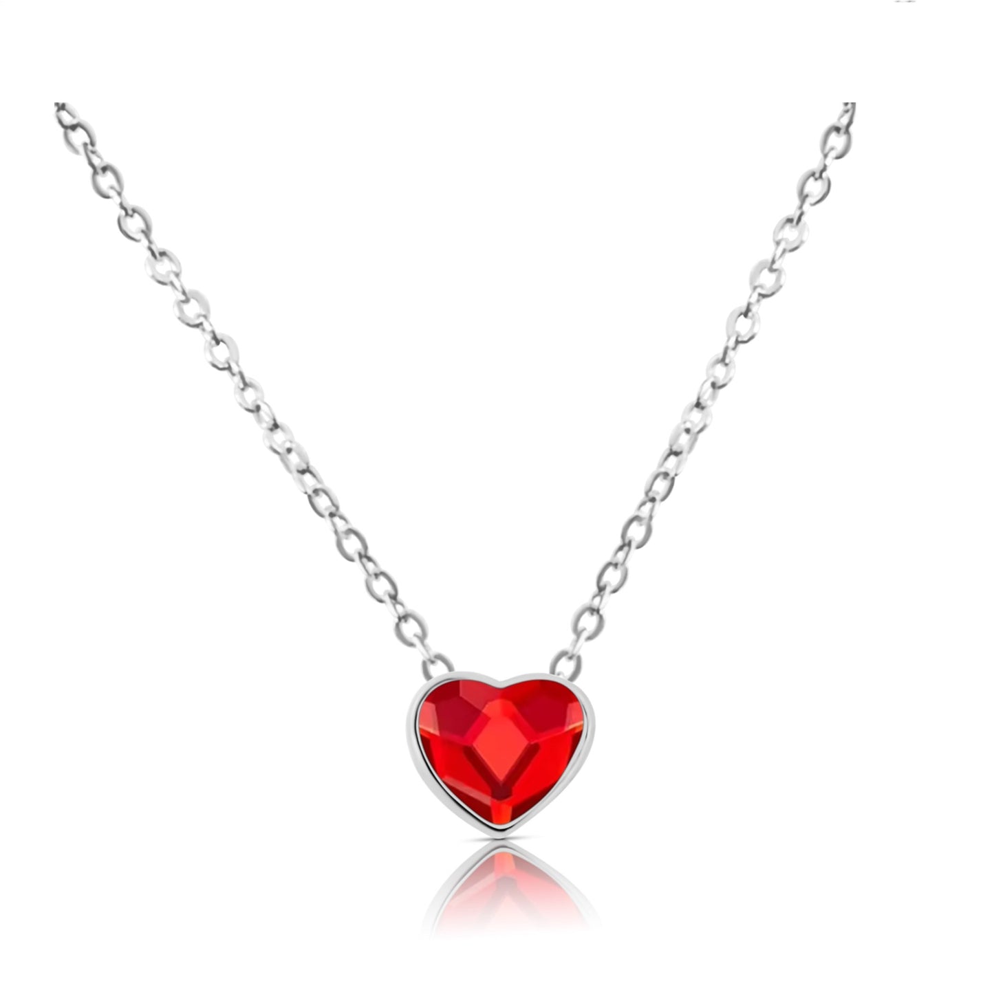 TIFFANY Austrian Red Crystal Heart Pendant Necklace in Rhodium Over Sterling Silver