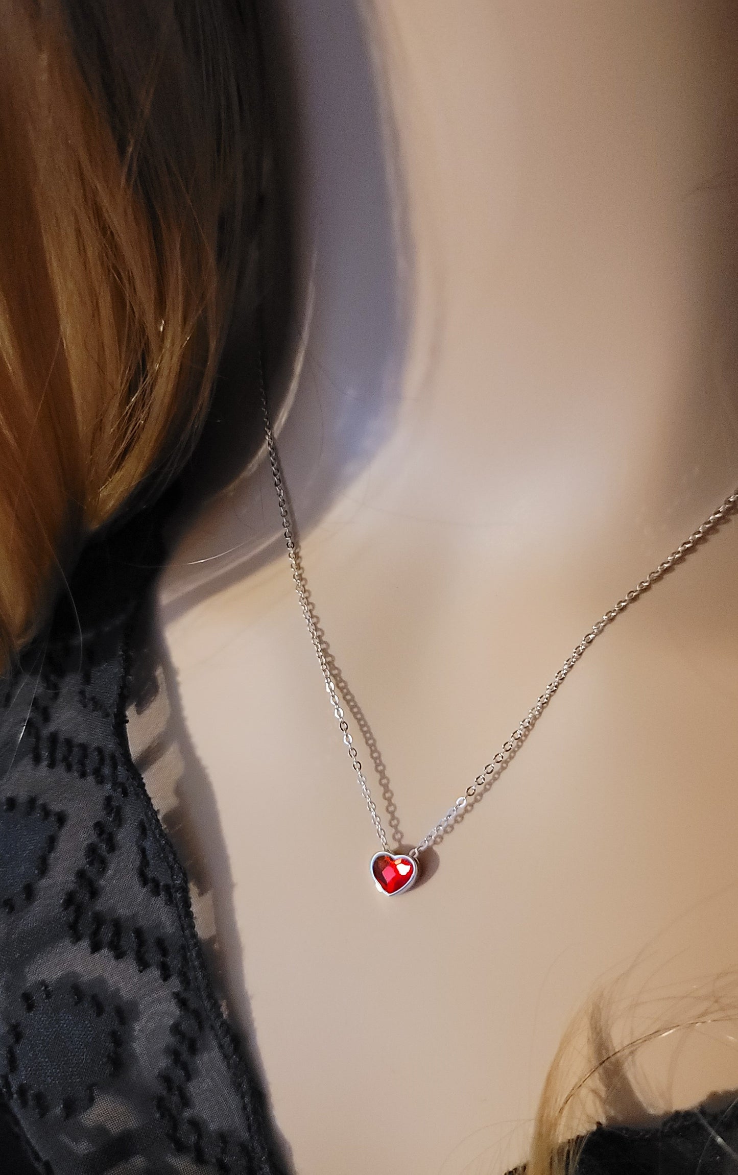 TIFFANY Austrian Red Crystal Heart Pendant Necklace in Rhodium Over Sterling Silver