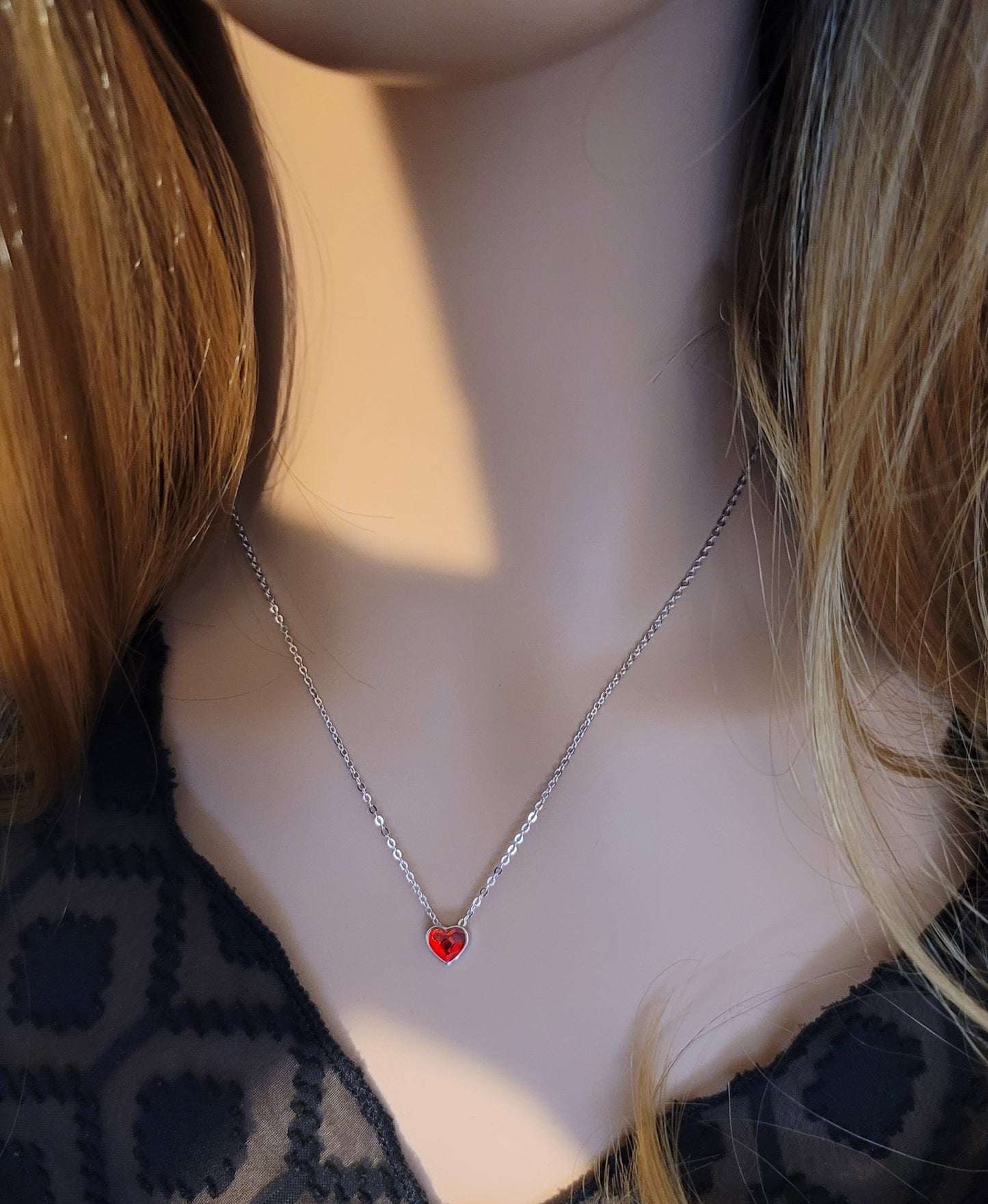 TIFFANY Austrian Red Crystal Heart Pendant Necklace in Rhodium Over Sterling Silver