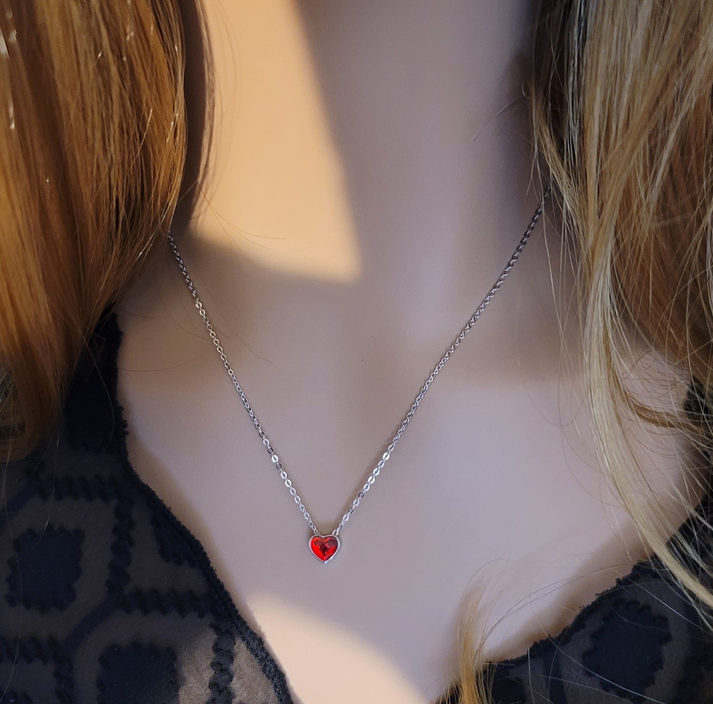 TIFFANY Austrian Red Crystal Heart Pendant Necklace in Rhodium Over Sterling Silver