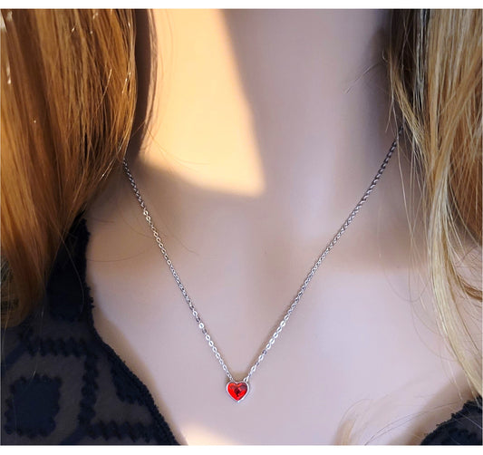 TIFFANY Austrian Red Crystal Heart Pendant Necklace in Rhodium Over Sterling Silver