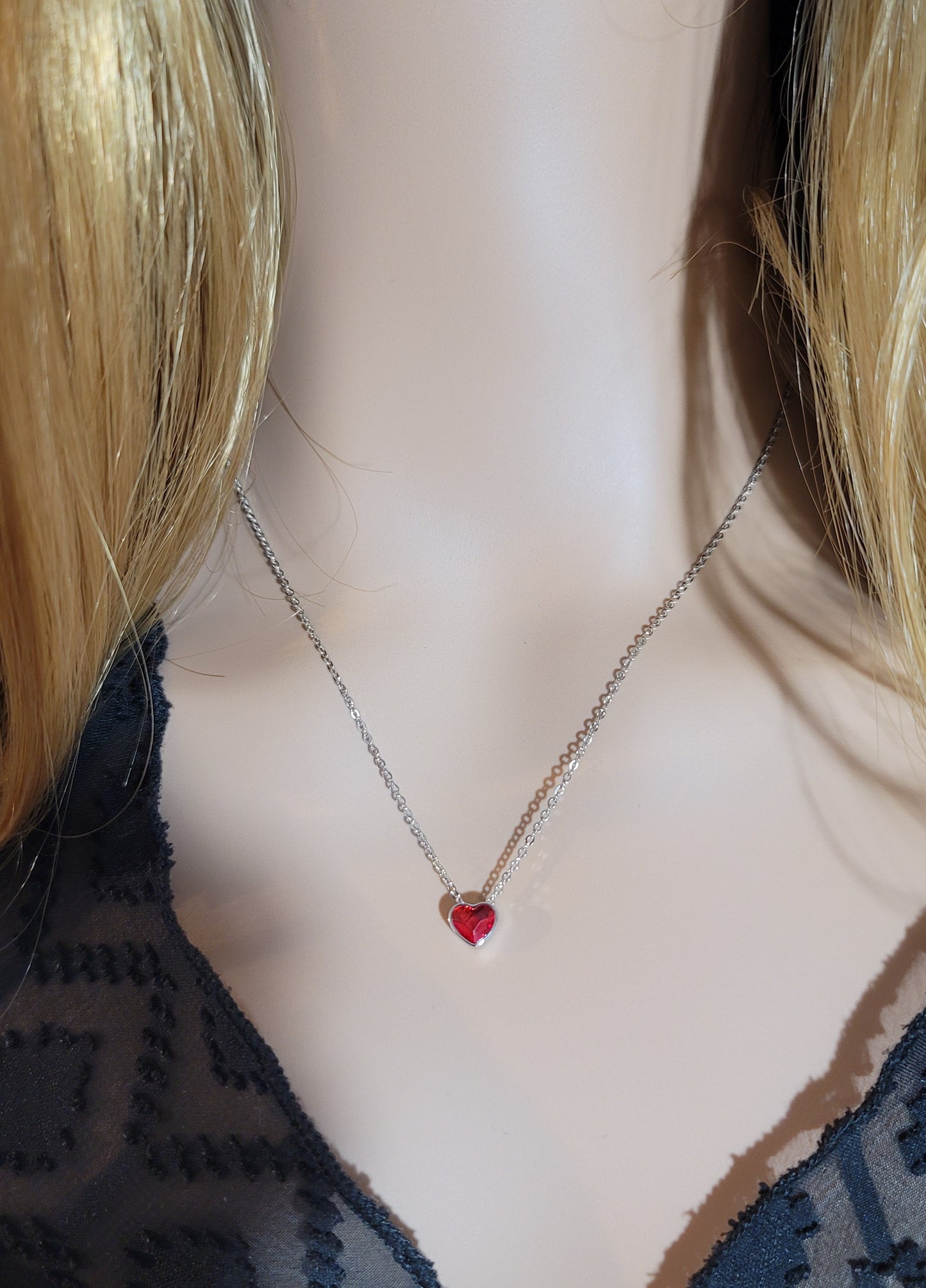 TIFFANY Austrian Red Crystal Heart Pendant Necklace in Rhodium Over Sterling Silver