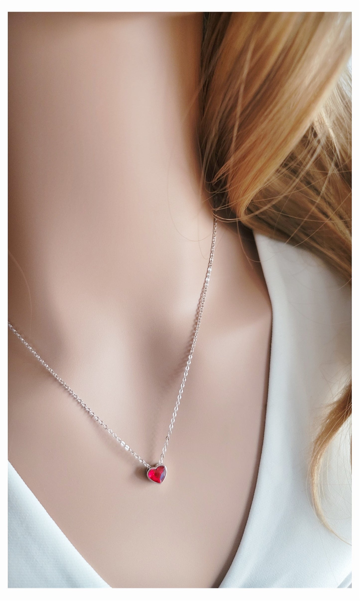 TIFFANY Austrian Red Crystal Heart Pendant Necklace in Rhodium Over Sterling Silver