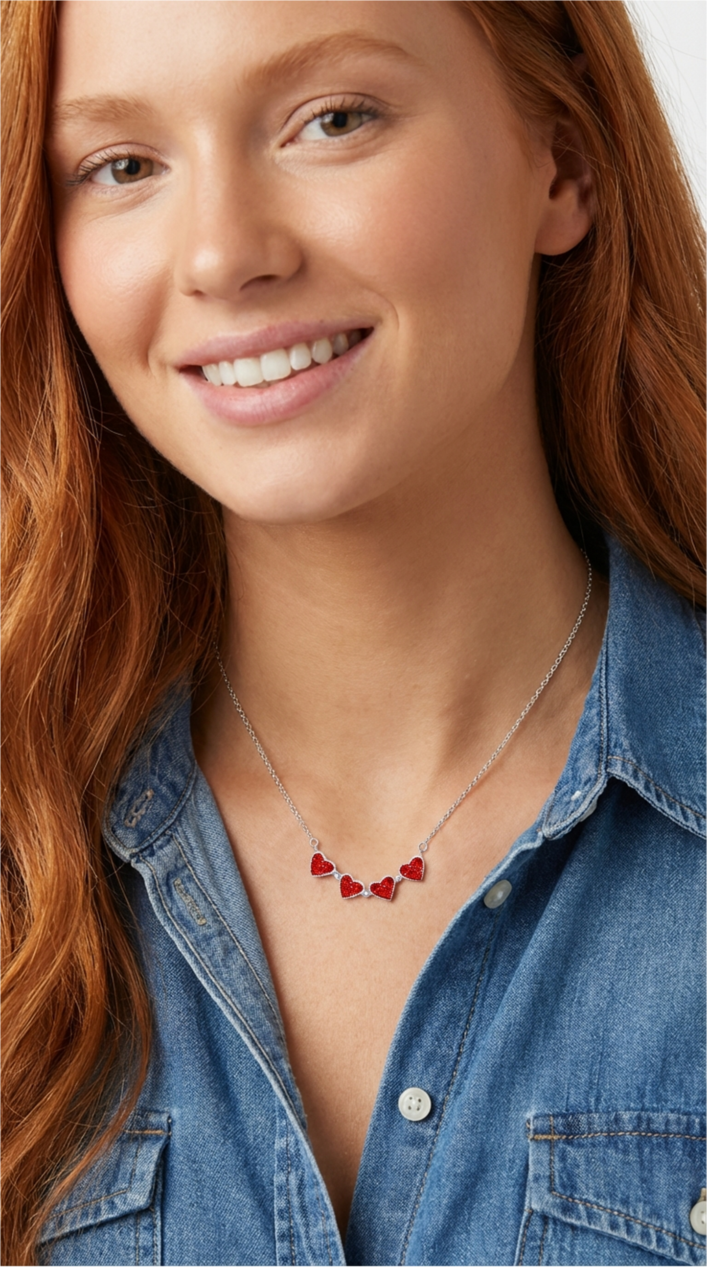 TALITHA Red/Blue Heart Four-Leaf Clover Necklace in Rhodium Over Sterling Silver