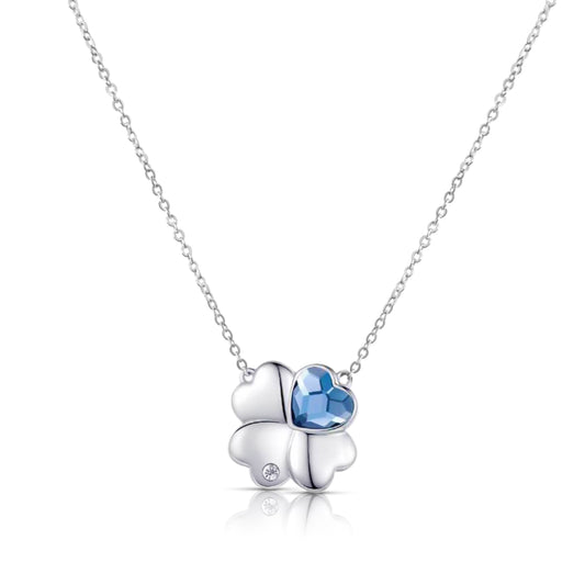 VANESSA Austrian Blue Crystal Heart Clover Pendant Necklace in Rhodium Over Sterling Silver