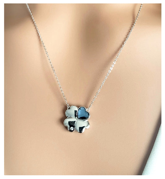 VANESSA Austrian Blue Crystal Heart Clover Pendant Necklace in Rhodium Over Sterling Silver