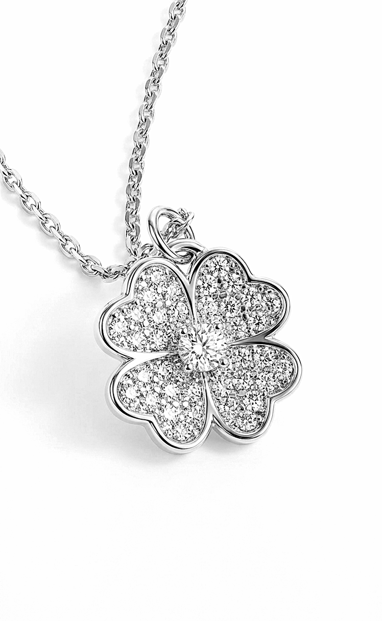 KARI Heart Shaped Four-Leaf Clover Pendant Necklace in Rhodium Over Sterling Silver