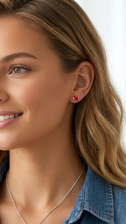 TIFFANY Austrian Red Crystal Heart Stud Earrings in Rhodium Over Sterling Silver