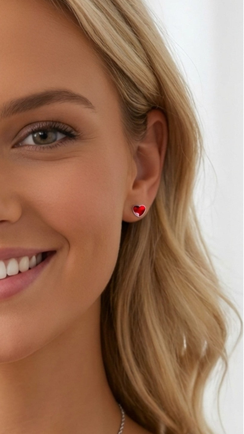 TIFFANY Austrian Red Crystal Heart Stud Earrings in Rhodium Over Sterling Silver