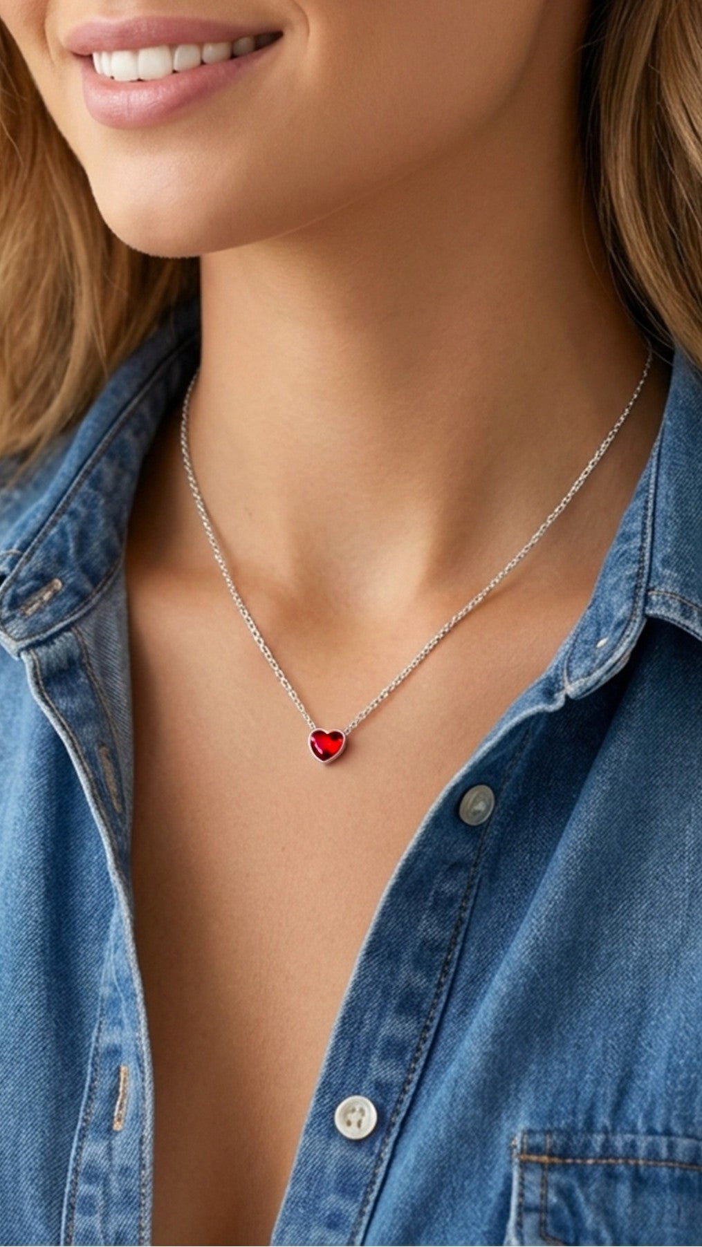 TIFFANY Austrian Red Crystal Heart Pendant Necklace in Rhodium Over Sterling Silver