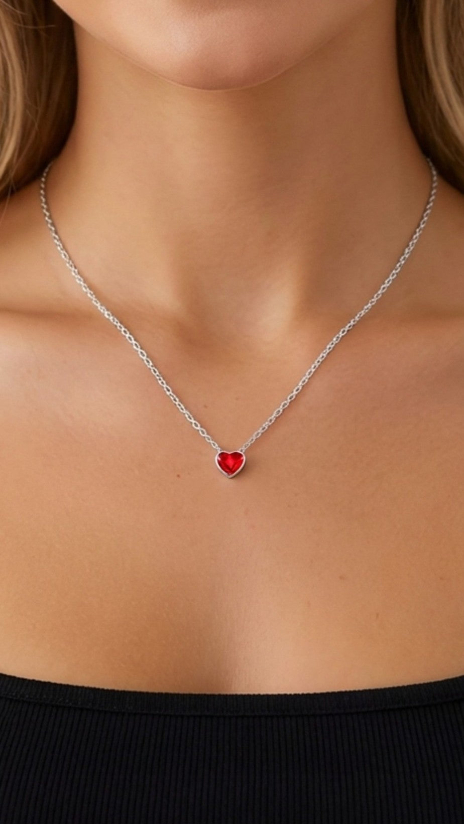 TIFFANY Austrian Red Crystal Heart Pendant Necklace in Rhodium Over Sterling Silver
