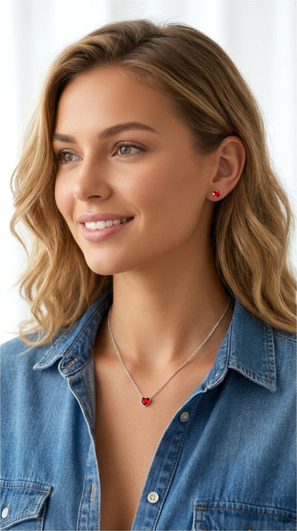 TIFFANY Austrian Red Crystal Heart Pendant Necklace in Rhodium Over Sterling Silver