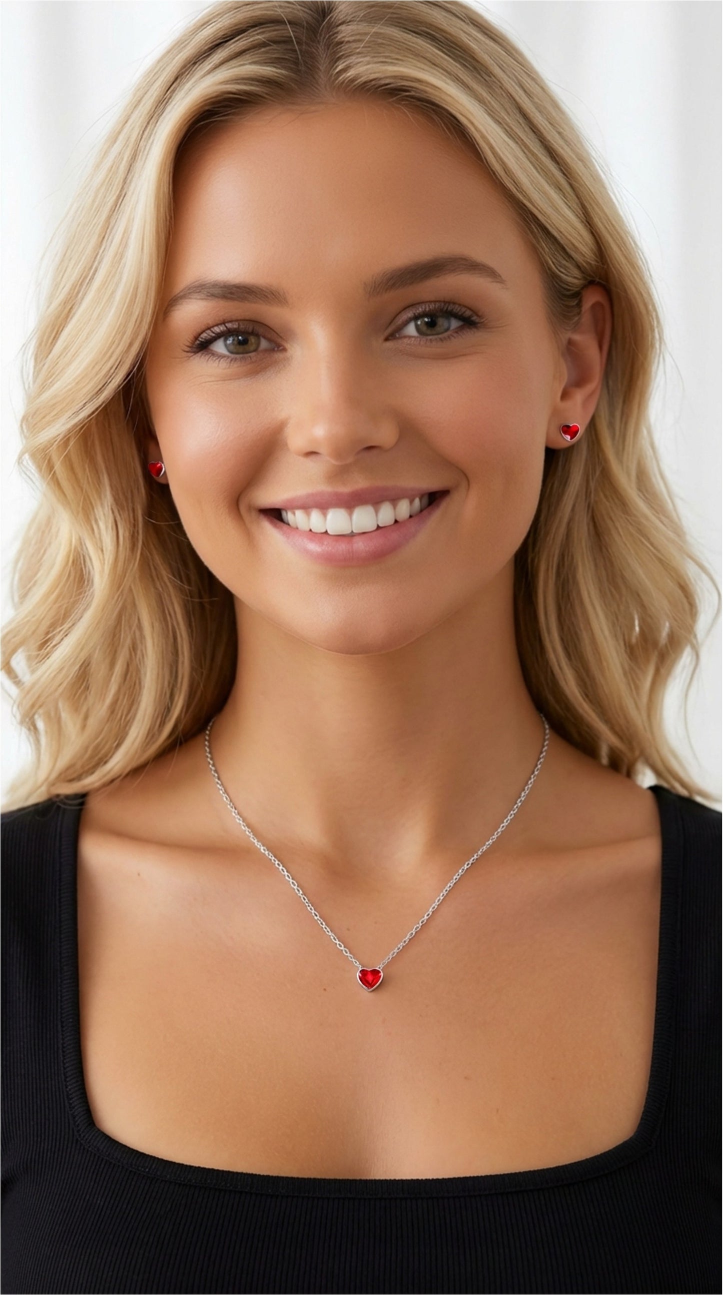TIFFANY Austrian Red Crystal Heart Pendant Necklace in Rhodium Over Sterling Silver