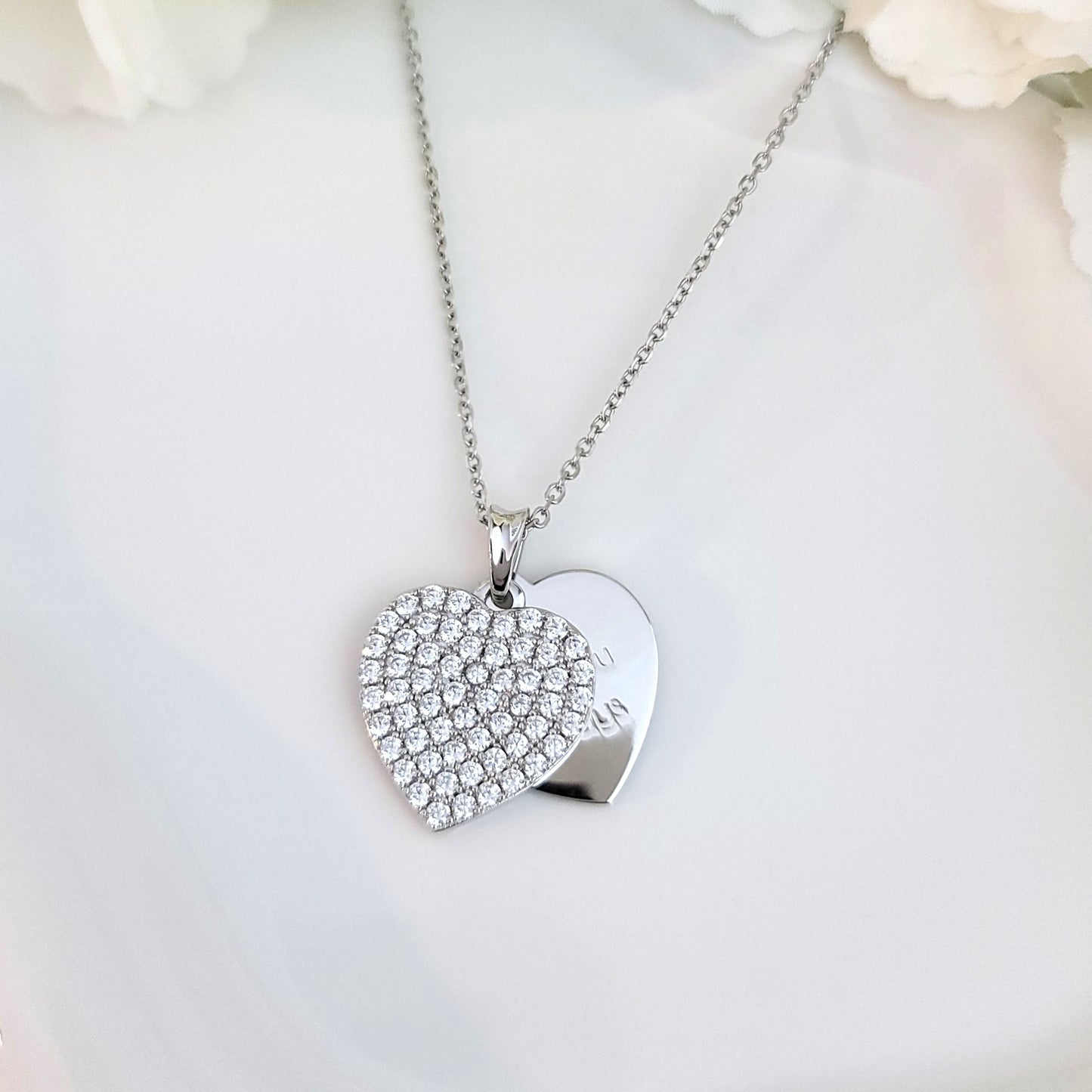 ANGELIQUE "I Am With You Always" Pave White CZ Diamond Simulant Double Heart Pendant Necklace