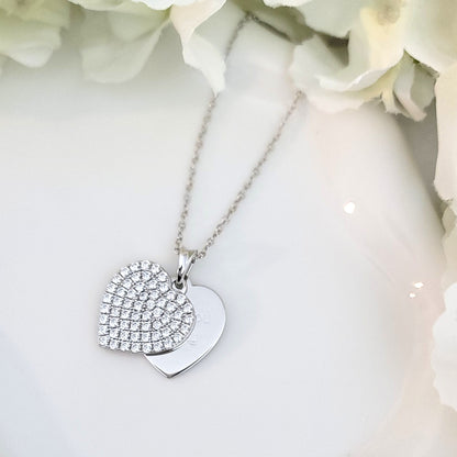 ANGELIQUE "I Love You Deeply" Pave White CZ Diamond Simulant Double Heart Pendant Necklace