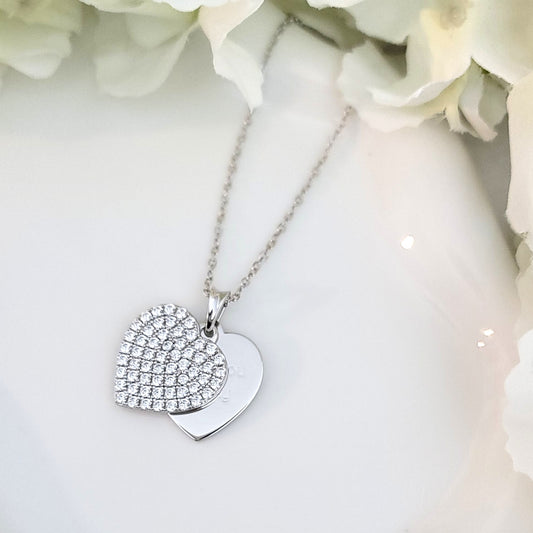 ANGELIQUE "I Love You Deeply" Pave White CZ Diamond Simulant Double Heart Pendant Necklace