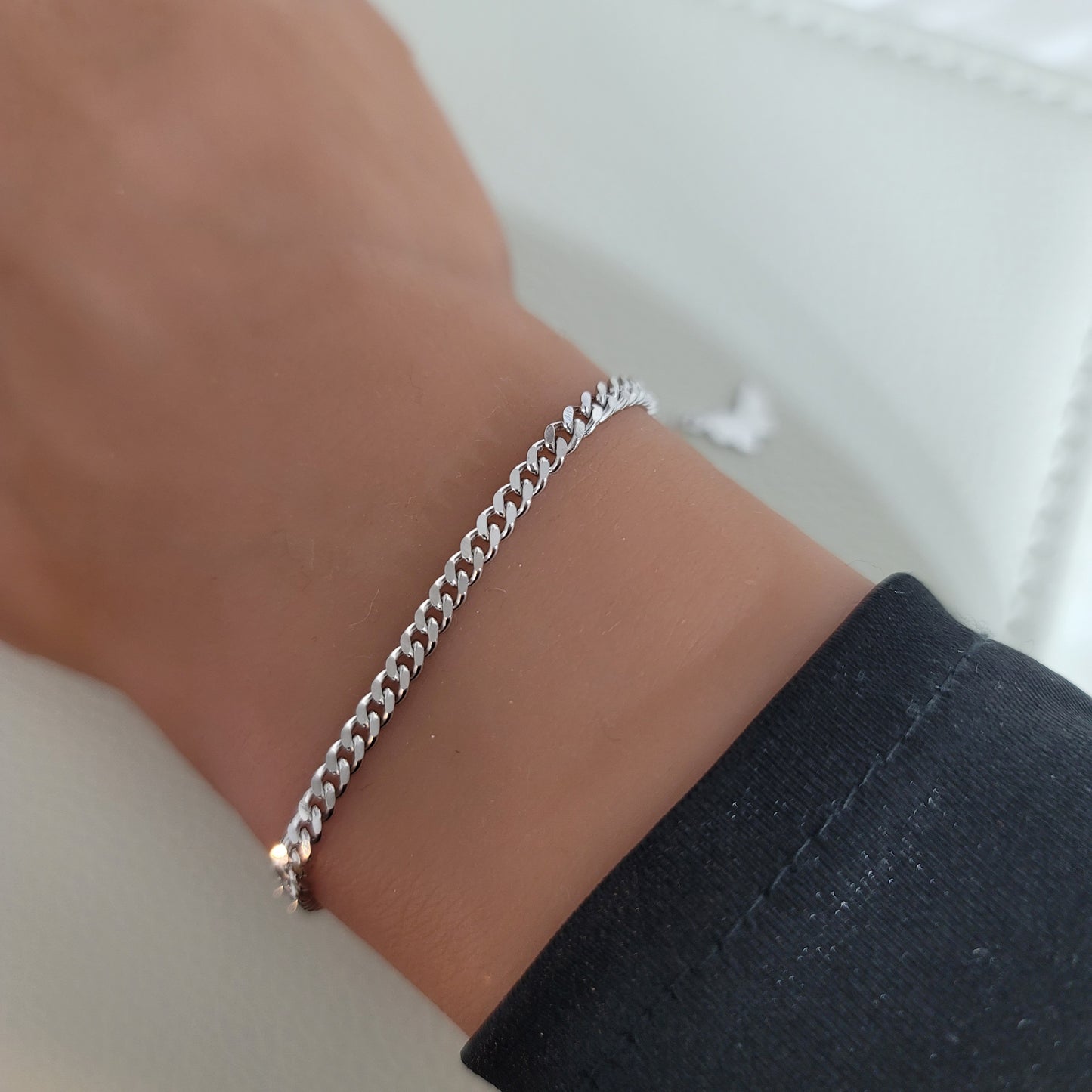 NADIA Dainty Curb Chain Bracelet in Rhodium Over Sterling Silver