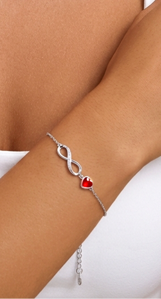 TIFFANY Figure Eight Austrian Red Crystal Heart Bracelet in Rhodium Over Sterling Silver