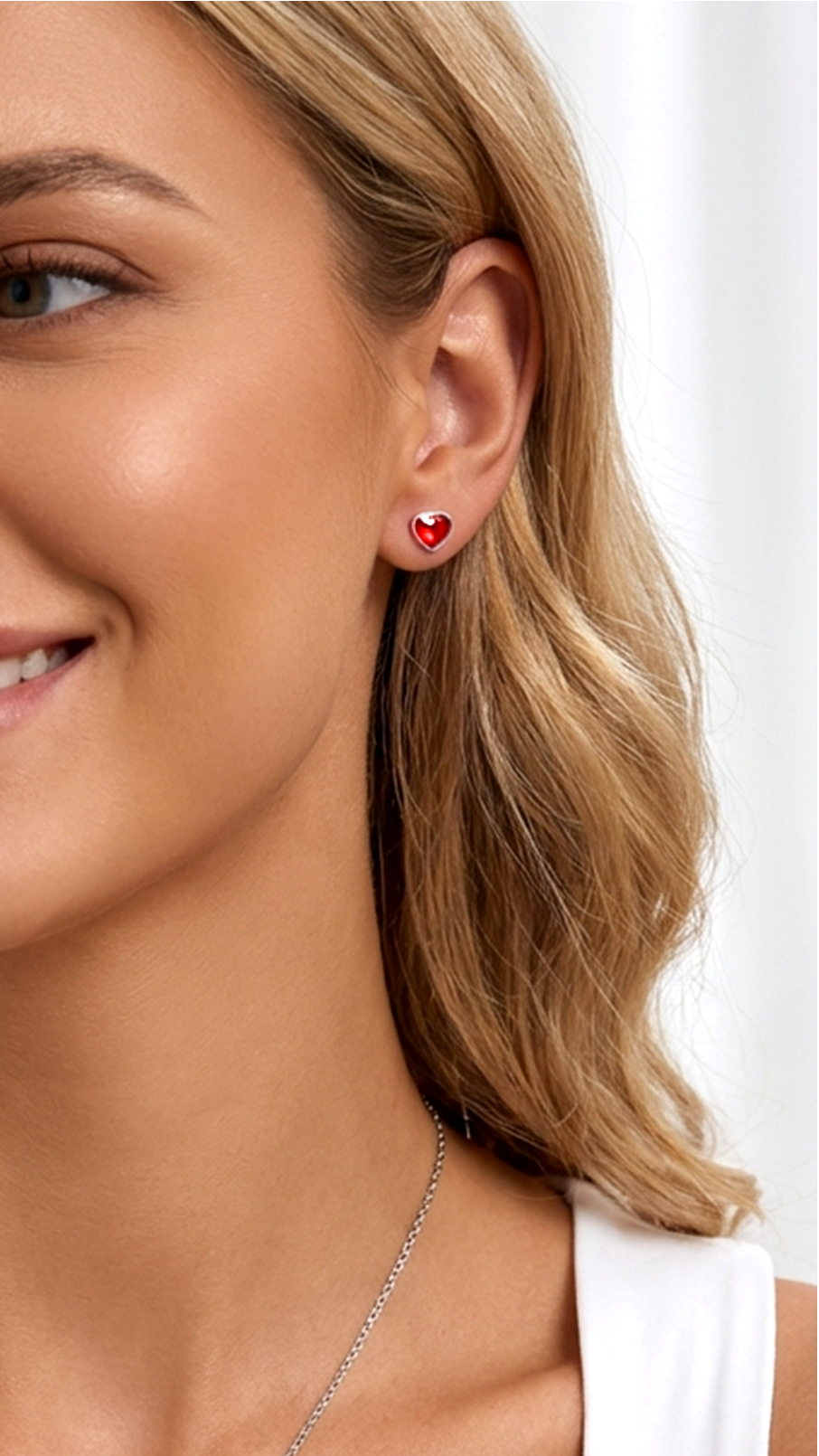 TIFFANY Austrian Red Crystal Heart Stud Earrings in Rhodium Over Sterling Silver