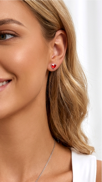 TIFFANY Austrian Red Crystal Heart Stud Earrings in Rhodium Over Sterling Silver