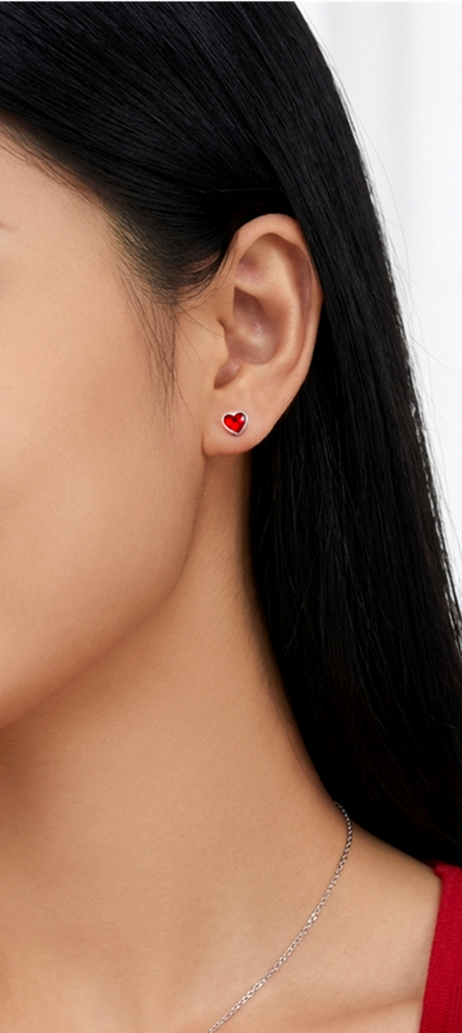 TIFFANY Austrian Red Crystal Heart Stud Earrings in Rhodium Over Sterling Silver