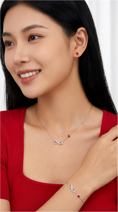 TIFFANY Figure Eight Austrian Red Crystal Heart Necklace in Rhodium Over Sterling Silver