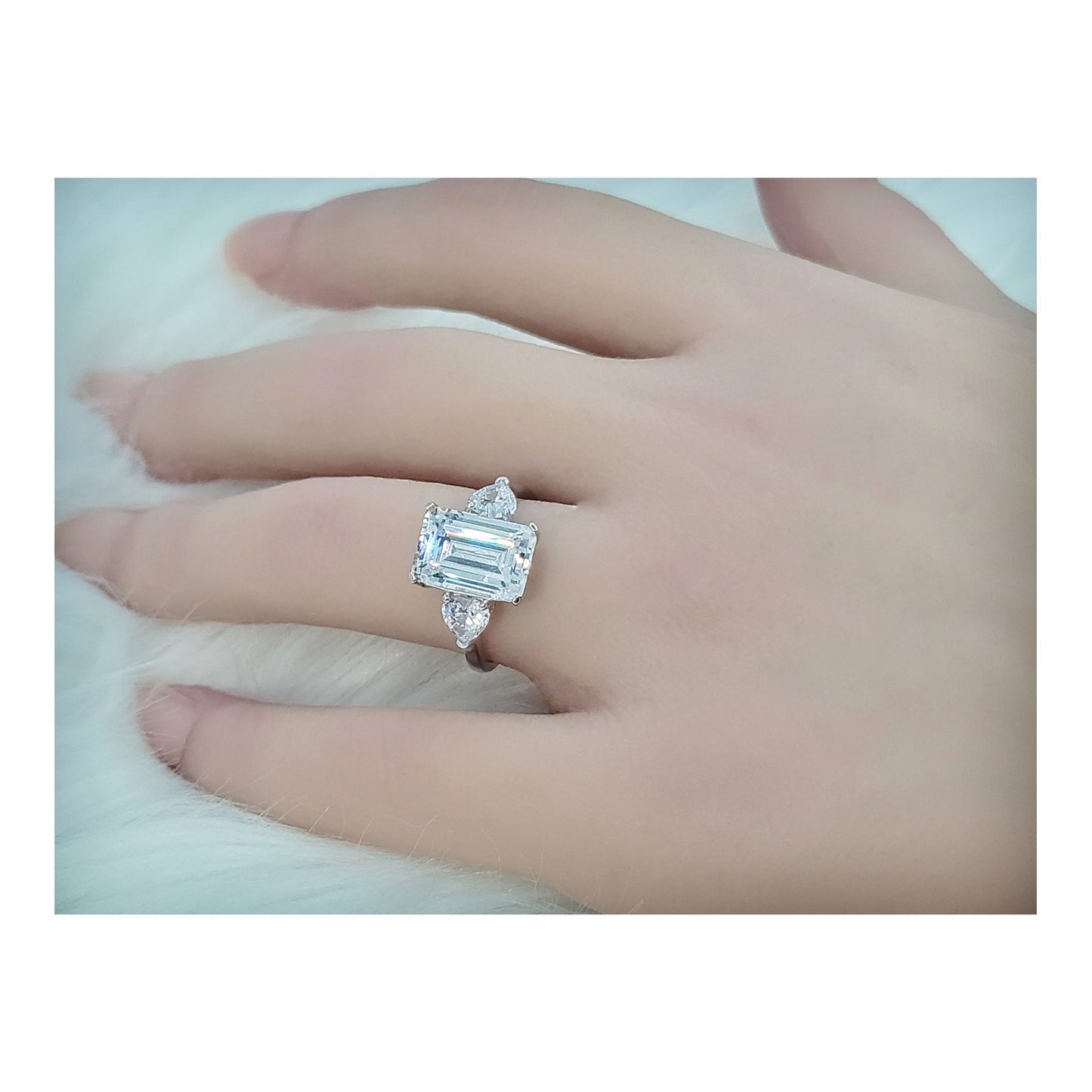 AMANDA White Emerald Cut CZ Diamond Simulant Ring in Rhodium Over Sterling Silver