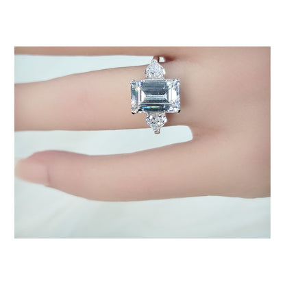 AMANDA White Emerald Cut CZ Diamond Simulant Ring in Rhodium Over Sterling Silver