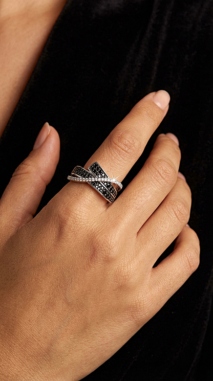 ADA Black Spinel and White CZ Diamond Crisscross Ring in Rhodium Over Sterling Silver
