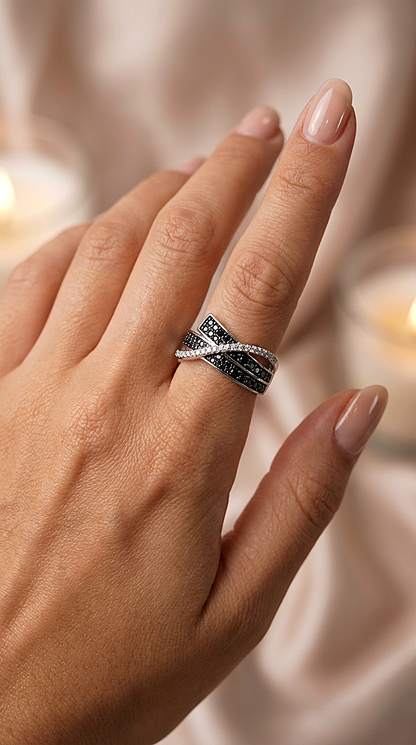ADA Black Spinel and White CZ Diamond Crisscross Ring in Rhodium Over Sterling Silver