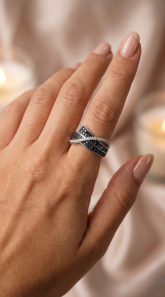 ADA Black Spinel and White CZ Diamond Crisscross Ring in Rhodium Over Sterling Silver