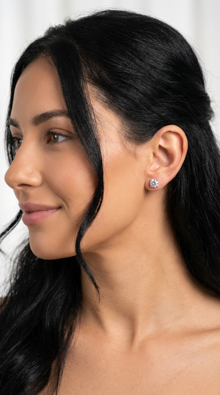 AINSLEY 7MM White CZ Diamond Round Stud Earrings in Rhodium Over Sterling Silver