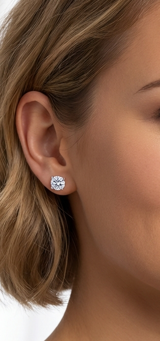 AINSLEY 8MM White CZ Diamond Round Stud Earrings in Rhodium Over Sterling Silver