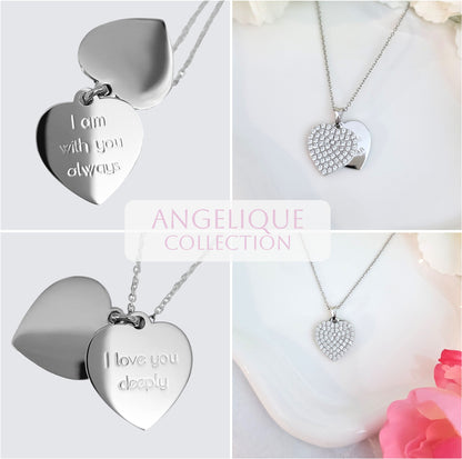 ANGELIQUE "I Love You Deeply" Pave White CZ Diamond Simulant Double Heart Pendant Necklace