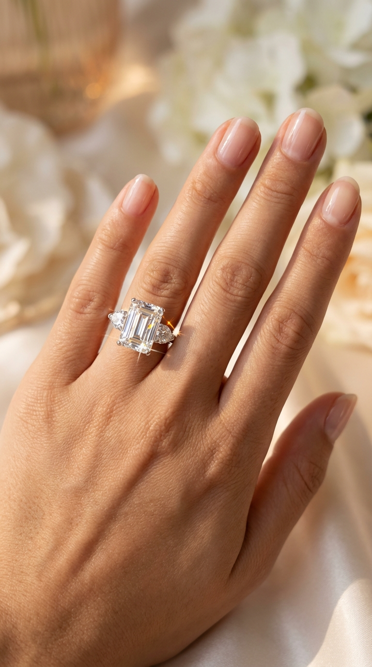 AMANDA White Emerald Cut CZ Diamond Ring in Rhodium Over Sterling Silver