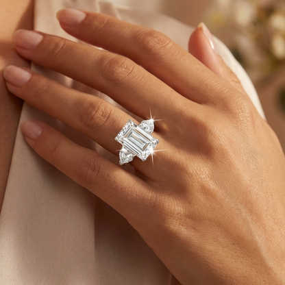AMANDA White Emerald Cut CZ Diamond Ring in Rhodium Over Sterling Silver