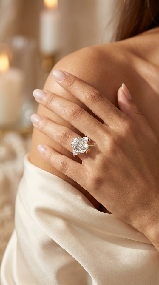 AMANDA White Emerald Cut CZ Diamond Simulant Ring in Rhodium Over Sterling Silver