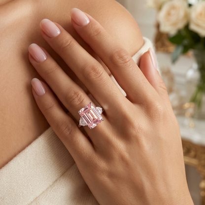 AMANDA Pink Emerald Cut White CZ Diamond Ring in Rhodium Over Sterling Silver