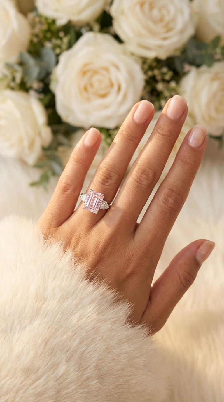 AMANDA Pink Emerald Cut White CZ Diamond Ring in Rhodium Over Sterling Silver