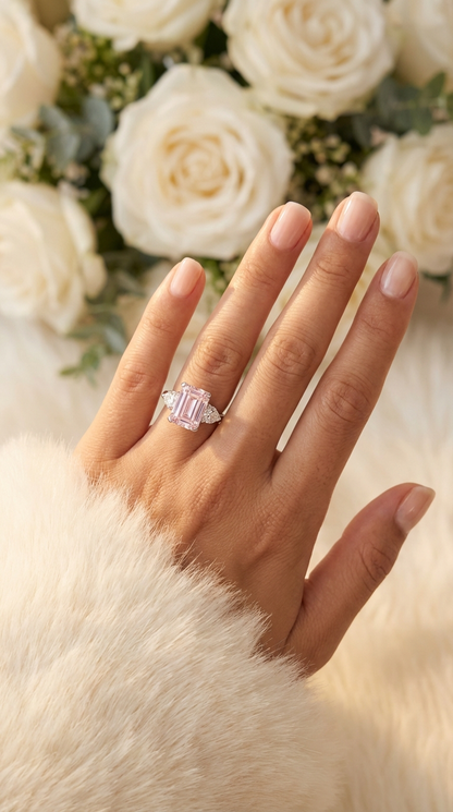 AMANDA Pink Emerald Cut White CZ Diamond Ring in Rhodium Over Sterling Silver