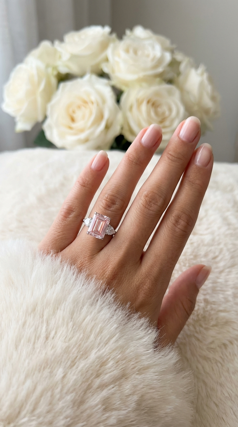 AMANDA Pink Emerald Cut White CZ Diamond Ring in Rhodium Over Sterling Silver