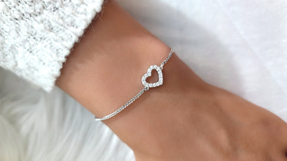 AMY Open Pave Heart Bracelet in Rhodium Over Sterling Silver